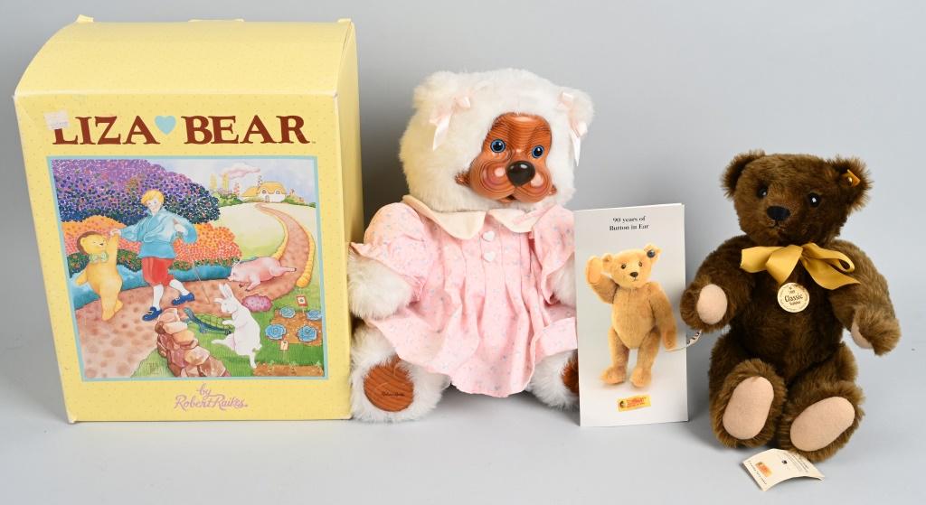 2- TEDDY BEARS STEIFF and RAIKES: Nice pair of contemporary bears. Lot includes 1909 Classic Teddy bear by Steiff, along with a Rikes Liza bear in the original box. Steiff bear is 13". Excellent-Near Mint