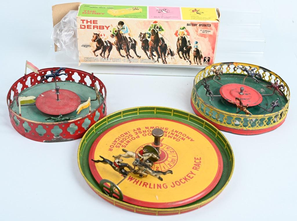 4 - VINTAGE HORSE RACE TOYS: Nice lot includes 2 early French toys, an American Toy and a boxed Japanese toy. Condition varies. Largest is 10 1/2". Very Good-Excellent