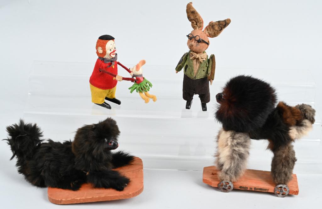 VINTAGE TOY LOT SCHUCO and MORE: Lot includes a Schuco windup Rabbit and Clown both in working condition, along with 2 German fur covered toys. Largest is 7". The Schuco rabbit is just Good, the others are Excellent