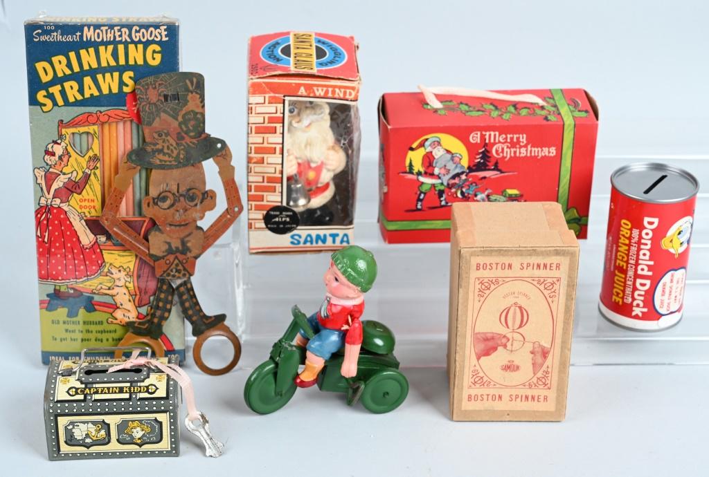 VINTAGE TOY LOT and MORE: Lot includes Japan windup Santa Claus with box, Donald Duc and Captain Kidd banks, Christmas Candy Box, Mother Goose Drinking Straws, Boston Spinner in Box, German tin Scissors man, Japan windup and J