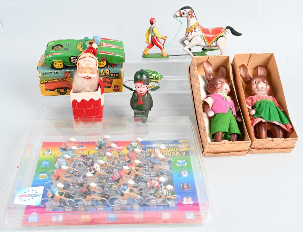 VINTAGE TOY LOT and MORE: Nice lot includes Euro Sport 2006 Bicycle set, 2 German windup Rabbits W/ boxes, a Japan Santa Claus, a tin windup Girl Jumping Rope, a Japan tin Circus Horse and Trainer, a German tin windup Frog, an