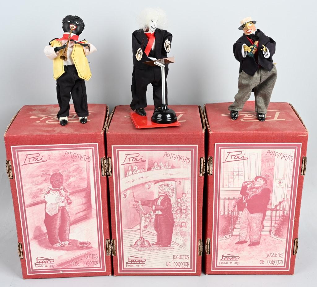3- PAYA AUTOMATAS w/ BOXES: Includes 3 Paya Juguetes De Coleccion Automatas. Includes Conductor, Drinking Man, and Saxaphone Player. All complete in Boxes 13" Excellent