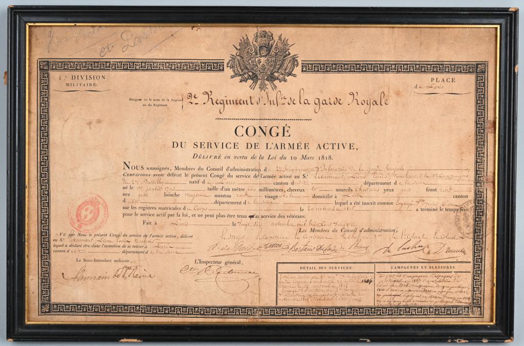 KINGS GUARD 2ND REGIMENT NAPOLEON TROOP DISCHARGE: Original Discharge of a soldier from the 2nd Regiment King's Guard. The discharge is dated 1818 and is named to Pierre Louis Tambour of the 2nd Regiment Infantry La Guarde Royale. The document gives a