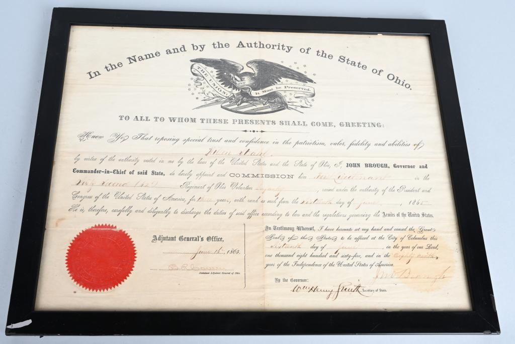 CIVIL WAR OHIO COMMISSION 1st LT. 62ND OVI FRAMED: Framed Commission of Lt. Wilson S. Strahl. Residence was not listed; 26 years old. Enlisted on 9/24/1861 as a Corporal. On 9/24/1861 he mustered into "E" Co. OH 62nd Infantry. He was transferred out o