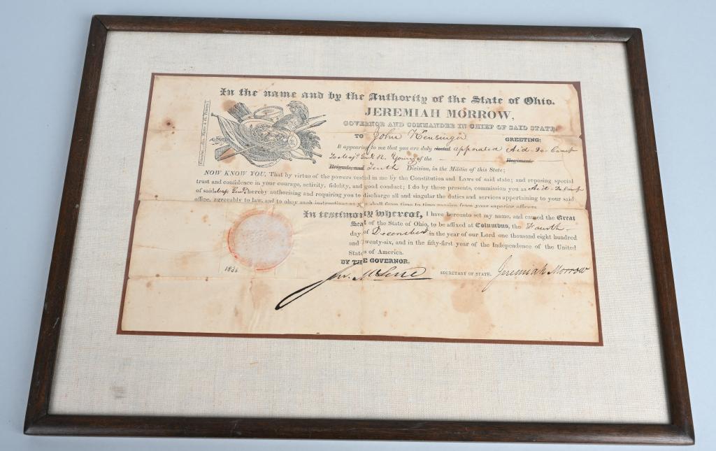1826 OHIO MILITIA COMMISSION TO AID DE CAMP: Early Ohio militia commission dated 1826 signed by the 9th Governor of the State of Ohio Jeremiah Morrow. This commission is named to John Kensinger to be appointed Aide De Camp to Major General R, Yo