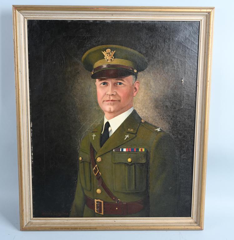 WW1 CHIEF OF CHAPLAINS SELF PORTRAIT JULIAN YATES: 1920's's self portrait of a WW1 Colonel Julian E. Yates of the Chaplain Corps. He received the Purple Heart, Presidential Unit Citation, Philippine Campaign Medal and finally the Winged Victory medal.