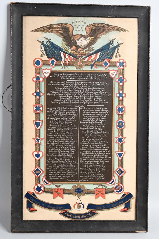 CIVIL WAR ESCUTCHEON 33RD NEW YORK BATTERY: Civil War identified escutcheon named to George W. Mugridge of the 33rd New York Battery measuring 16 1/4 X 27 1/4 including the wood frame. George W. Mugridge Residence was not listed; 20 years old. 