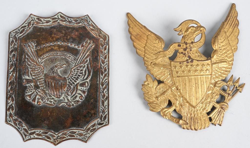 EARLY US ARMY SHAKO HELMET PLATE LOT OF 2: Lot of 2 US Shako Helmet plates to include 1) US Militia Hat Plate circa 1814-1825 being die struck, stamped brass and measuring 4 3/4 X 3 1/2 inches Excellent 2) Indian Wars Eagle Shako helmet plate 