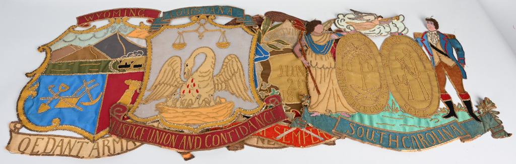 RARE 1876 EXPOSITION STUMPWORK STATE SEALS: 1876 Exposition Stumpwork State seals for the states of Wyoming, Louisiana, South Caroline, West Virginia and New York. Stumpwork or raised work is a style of embroidery in which the stitched figures 