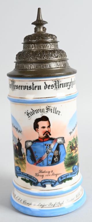 WW1 IMPERIAL GERMAN REGIMENTAL STEIN 6TH BAVARIAN: WW1 Imperial German 2nd Company of the 6th Bavarian Infantry Regimental stein. The .5 liter stein is in excellent condition. The stein is dated for the maneuvers of 1898/00. The stein depicts scenes o