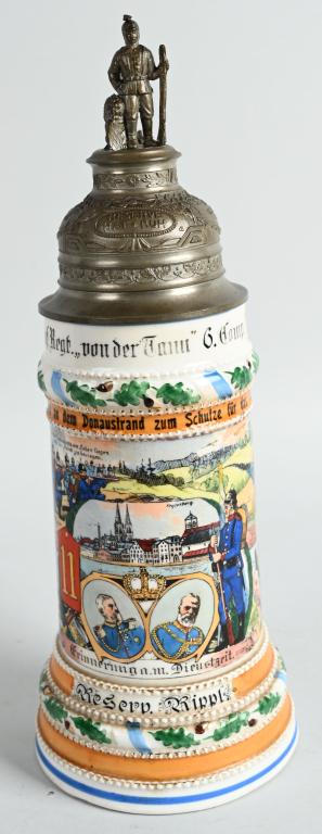 WW1 IMPERIAL GERMAN REGIMENTAL STEIN 11TH BAVARIAN: WW1 Imperial German 2nd Company of the 6th Bavarian Infantry Regimental stein. The .5 liter stein is in excellent condition. The stein is dated for the maneuvers of 1912/14. The stein depicts scenes o