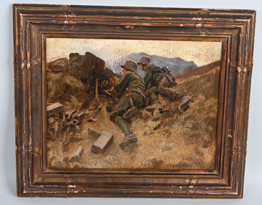 WW1 IMPERIAL GERMAN PAINTING OF 2 MACHINE GUNNERS: This oil on board painting of a German machine gunners operating in the mountains during the end of the 1914-1918 World War is to say the least, a skillfully painted battlefield scene. The two helmete