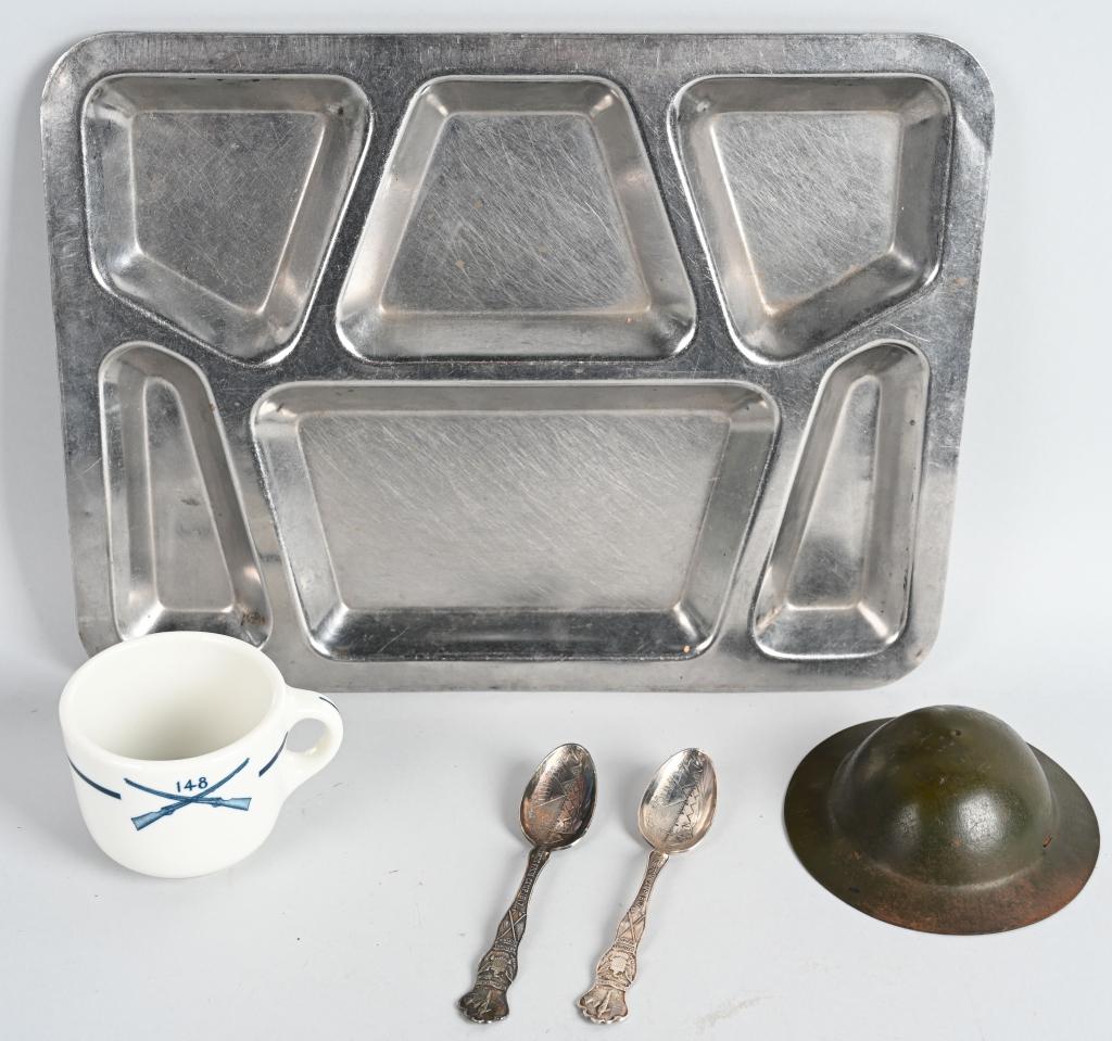 WWI US ARMY MESS HALL SOUVENIRS COFFEE CUP SPOONS: Lot includes two small spoons on which are written "Greetings from Camp 1917" both signed Wallach. Comes with large mess tray and a unit marked coffee cup with the insignia for the 148th Infantry Regi