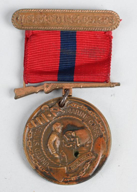 1910 NAMED USMC GOOD CONDUCT MEDAL KIA WW1: Named and dated USMC Good Conduct medal in excellent condition still retaining the original silk ribbon. Back of the medal is engraved No. 1696 Bernard Bills 1st Enlistment April 18-1910. After doing 