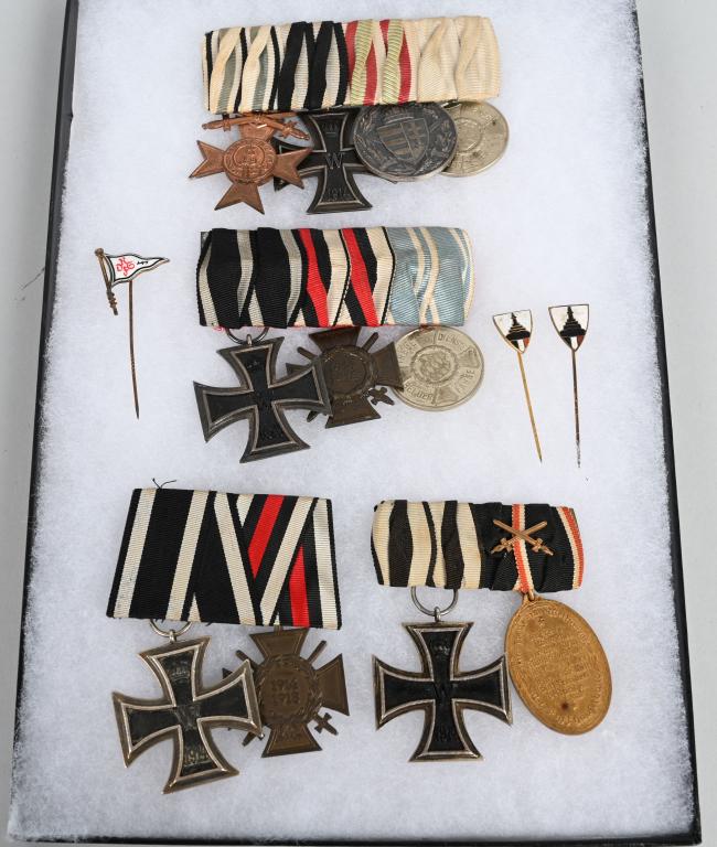 WW1 IMPERIAL GERMAN MEDAL BAR LOT W/ STICKPINS: WW1 Imperial German medal bars and stickpins lot including 1) 4 place medal bar including Bavarian Military Merit Cross with swords, Iron Cross 2nd class that is ring marked 02, 1914-18 Hungarian Comb