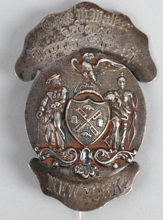 EARLY JEWELER MADE NEW YORK SHERIFF BADGE NAMED: Early, New York Special Deputy Sheriff Police Badge Named to Charles W. Walker measuring 2 1/8 X 1 3/4 inches. Excellent with vertical T bar pin and catch. It does not resemble a modern or current law