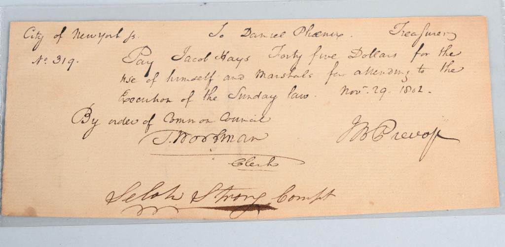 NEW YORK POLICE DEPARTMENT SIGNED DOC. JACOB HAYS: New York Police Department Signed Document by Jacob Hays (1772-1850) who was New York City's Police High Constable and was the last one appointed and is payment for the Night Watch circa March 17th 17