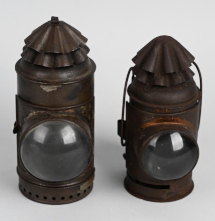 EARLY POLICE SET OF FLASHLIGHTS DIETZ: Early pair of Police lanterns including 1) Antique Dietz Flashlight Police Lantern ~ This "flashlight" is a kerosene lantern with a thumb-operated shutter to hide the flame. It has a convex lens to fo