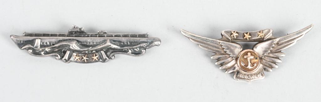 WWII US NAVY SUB PATROL BADGE AIR CREW WINGS LOT 2: WWII US Navy Badge lot of two including 1) US Navy Air Crew Wings or badge by Amico measuring two inches wide with three combat stars applied. Excellent 2) US Navy Sub Patrol Badge with three Patrol S