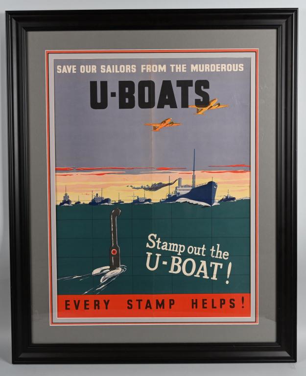 WWII POSTER SAVE OUR SAILORS THE MURDEROUS U-BOAT: WWII SAVE OUR SAILORS FROM THE MURDEROUS U-BOATS Stamp out the U-BOAT! EVERY STAMP HELPS! Poster has been archival framed and is near mint condition with a three color mat. The total size of the poste