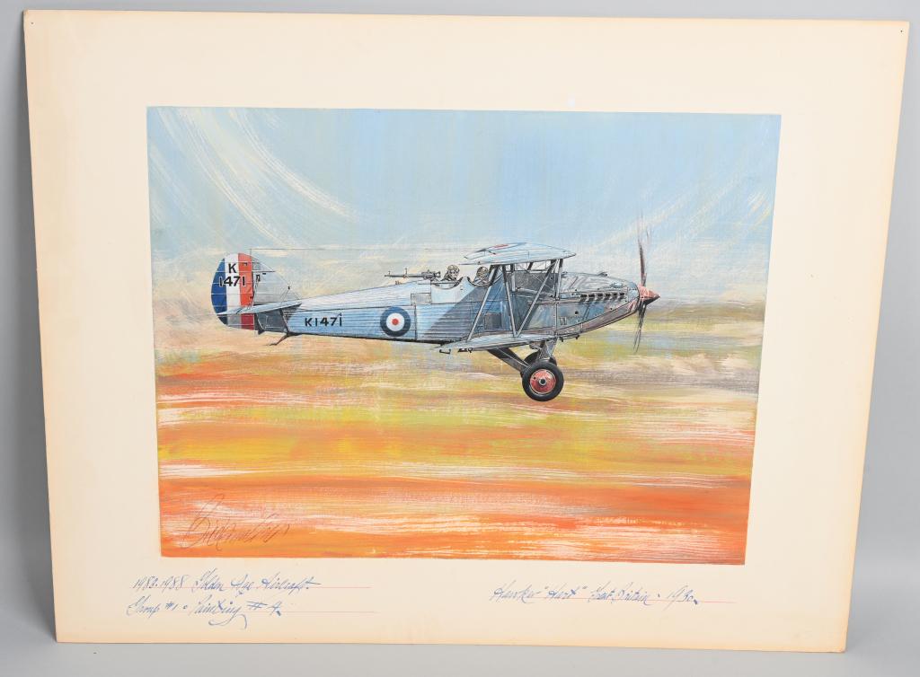 ORIGINAL PAINTING HAWKER HART PLANE By BIEDERMAN: Original aircraft on art board that measures 25?x 20?. Illustrated image measures 19? x 14.25?. This particular aircraft is identified as a Great Britain Hawker "Hart" and signed by the artist. Jerome