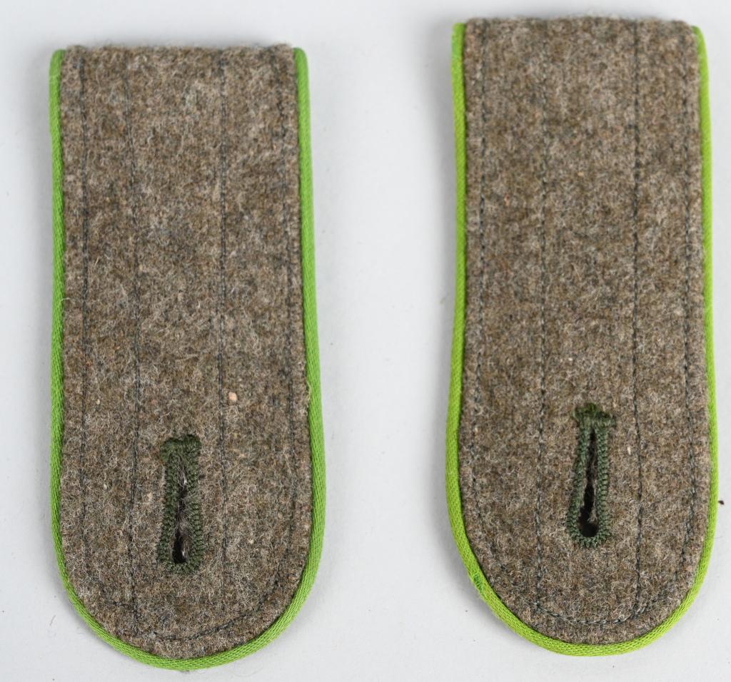 WWII NAZI GERMAN PANZER GRENADIER SHOULDER BOARDS: WWII NAZI GERMAN M44 PATTERN PANZER GRENADIER EM'S SHOULDER STRAPS. Third and final pattern, (Circa September 1944-May 1945), slip on shoulder straps in brown tinted, field-gray 44 wool/rayon blend ma