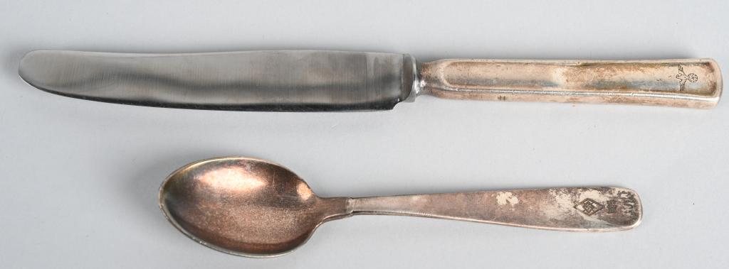 WWII NAZI REICHSCHANCELLERY HJ KNIFE & FORK: Reichschancellery/HJ – Silverware from Table Service. Dinner knife obverse handle engraved with national eagle and “Reichkanzlei des Fuhrers” on reverse. Ca 21cm. Lunch spoon obverse handle engr