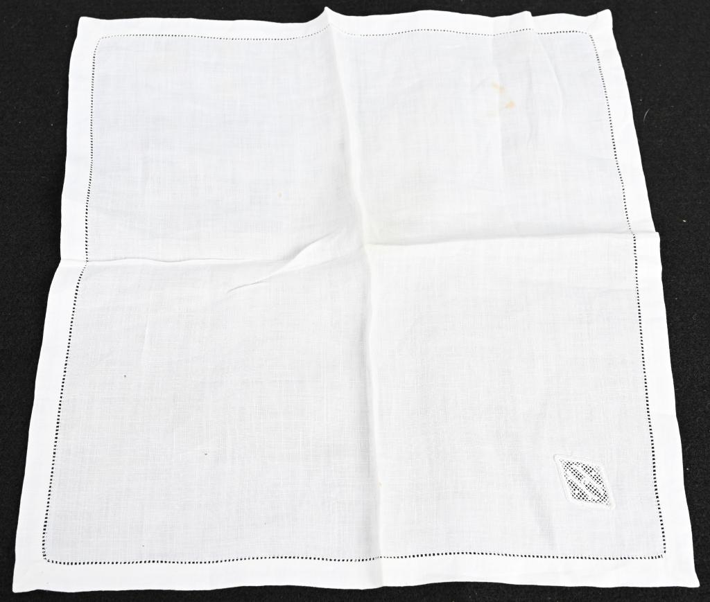 ADOLF HITLER NAPKIN FROM PERSONAL SET: Adolf Hitler , a Napkin from Personal Table Service. White color cloth linen napkin, ornate lace cutwork embroidered "H". Ca. 32cm x 33cm . 251221 Excellent. Adolf Hitler 20 April 1889 – 30 April 19