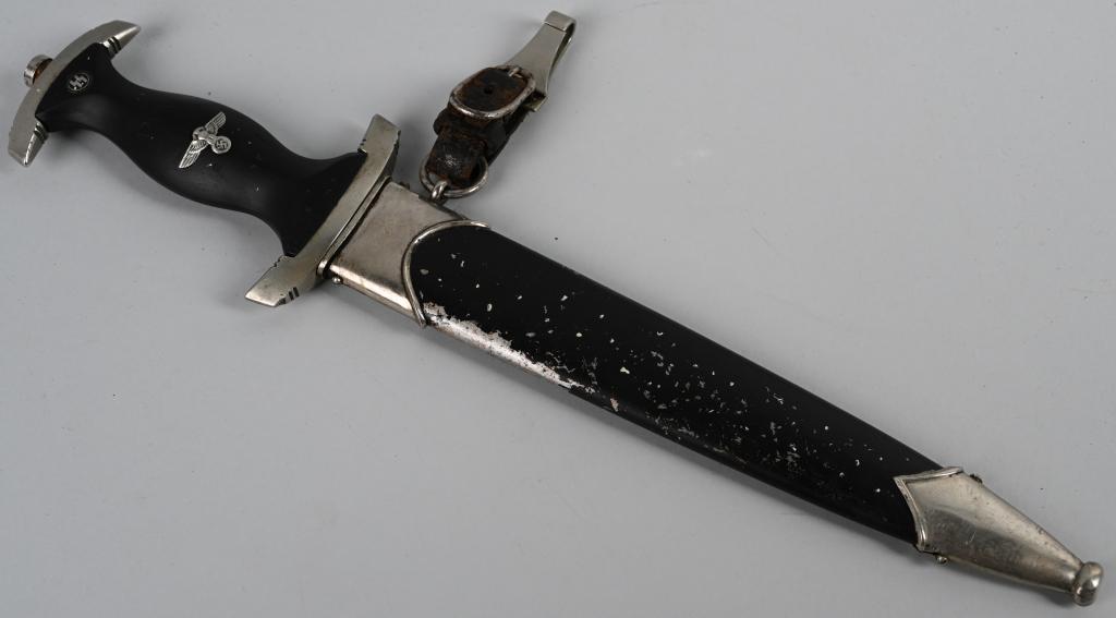 WWII NAZI GERMAN SS GROUND RÖHM DAGGER BOKER WW2: M33 service dagger features a roughly, 8 5/8", (22 cm), long, double edged, nickel/silver plated, drop forged steel construction blade with a low central ridge and a full length, including the hilt, o
