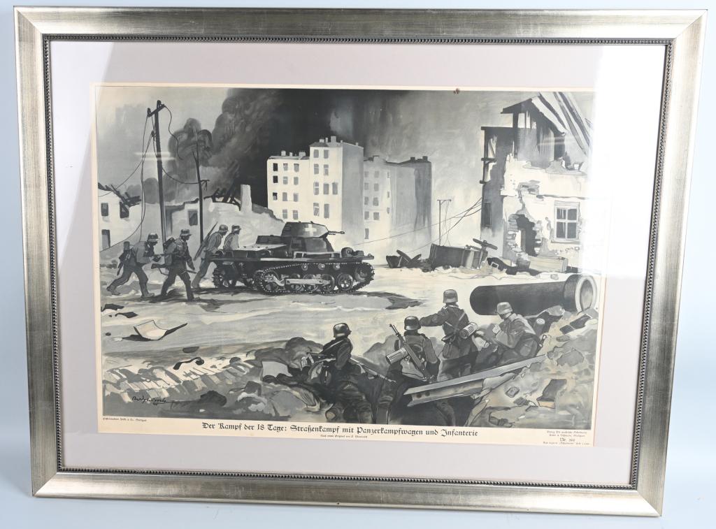 WWII NAZI GERMAN WEHRMACHT INFANTRY POSTER 1940: Artist signed 1940 The Battle of the 18th Day.. Street fighting in the armored car and infantry poster measuring 33 X 44 inches framed with minor edge wear. Excellent 471.