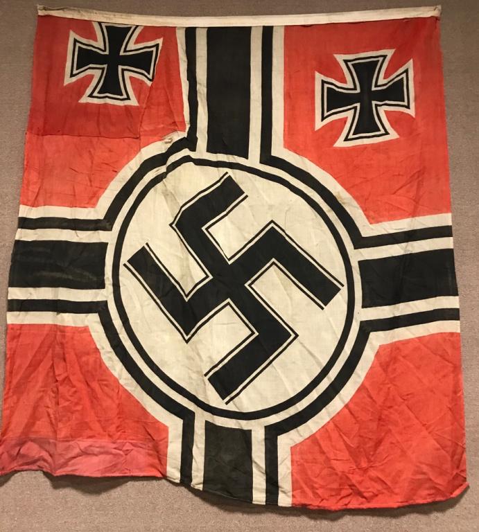 WWII NAZI GERMAN KRIEGSMARINE FLAG 2 X 3.35 WW2: Second pattern, (Circa 1937/38-1945), single piece, dual sided, printed wool construction national war flag. The flag features a red base field with a central white/black/white/black bordered white di