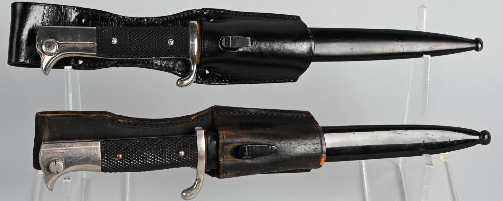 WWII NAZI GERMAN SHORT DRESS BAYONET LOT OF 2: WWII Nazi German Short Dress Bayonet lot of 2. 1) Roughly, 20cm long, nickel/silver plated, drop forged, steel construction blade with deep, fullers to each side and a top edge swedge to the forward t