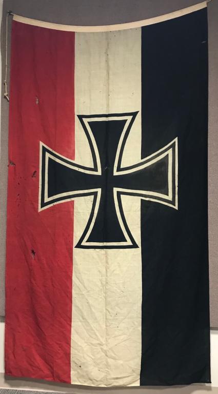 WWII KRIEGSMARINE FLAG VETERAN SIGNED BREMEN YARD: WWII Nazi German Black-White-Red Imperial War Ensign hoisted on commemoration days on special orders. The flag's bunting is nicely marked Reichskriegsfagge 2 X 3.35 Bremen. The printed wool flag shows
