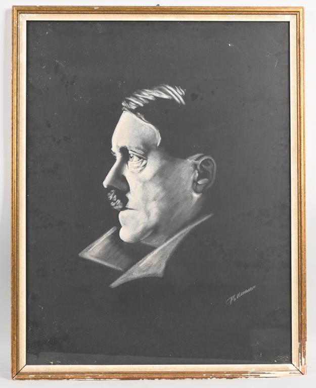WWII NAZI GERMAN CHALK OF ADOLF HITLER ARTIST SIG: WWII Nazi German Period framed chalk of Adolf Hitler measuring 26 X 20 1/2 and is artist signed. 452 Excellent Adolf Hitler 20 April 1889 – 30 April 1945) was a German politician and leader of the N