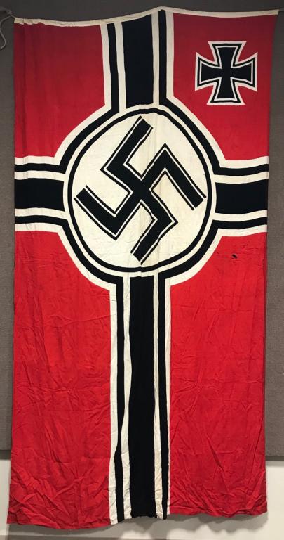 WWII NAZI GERMAN KRIEGSMARINE FLAG WW2 KM: Second pattern, (Circa 1937/38-1945), two piece, dual sided, printed cotton/linen construction national war flag. The flag features a red base field with a central white/black/white/black bordered whi