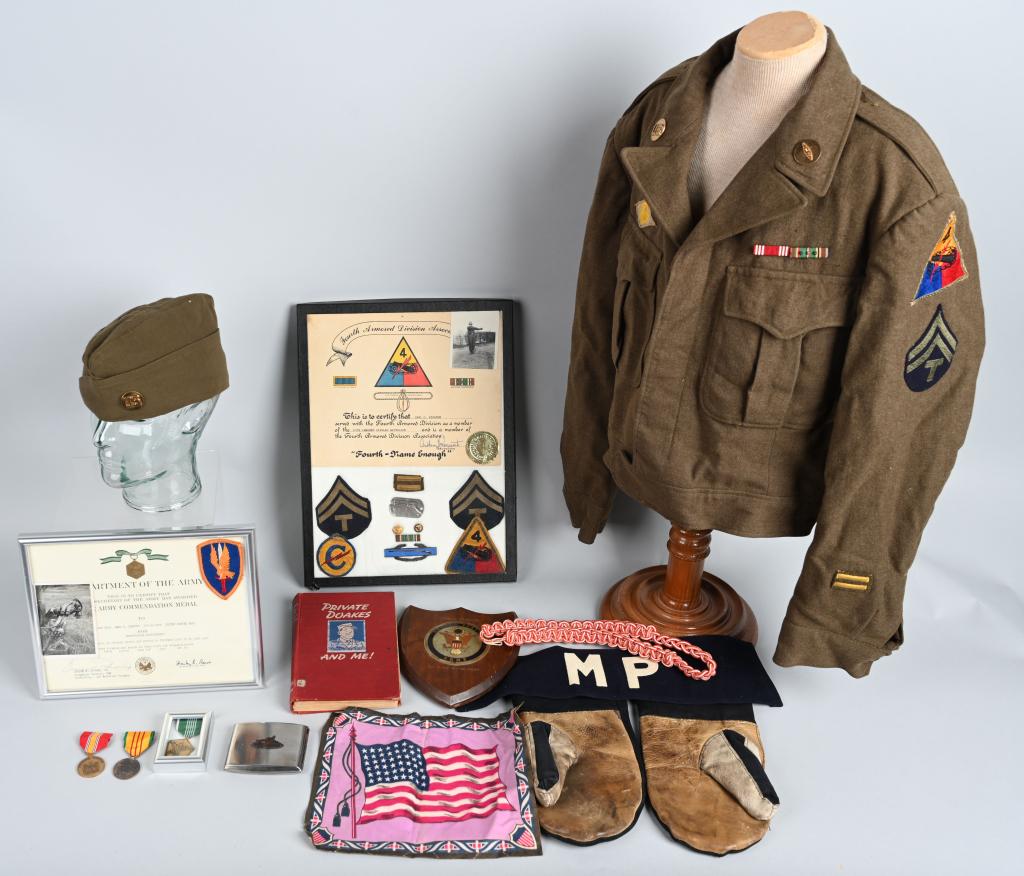 WWII 4TH ARMORED DIVISION FATHER SON GROUPING: Father Son grouping of WWII and Vietnam items including 1) Corporal Carl C. Stanton's ASN: 13208881 Ike Jacket with Overseas cap, nicely patched out Ike with 16th and 4th Armored Divisional patches wi