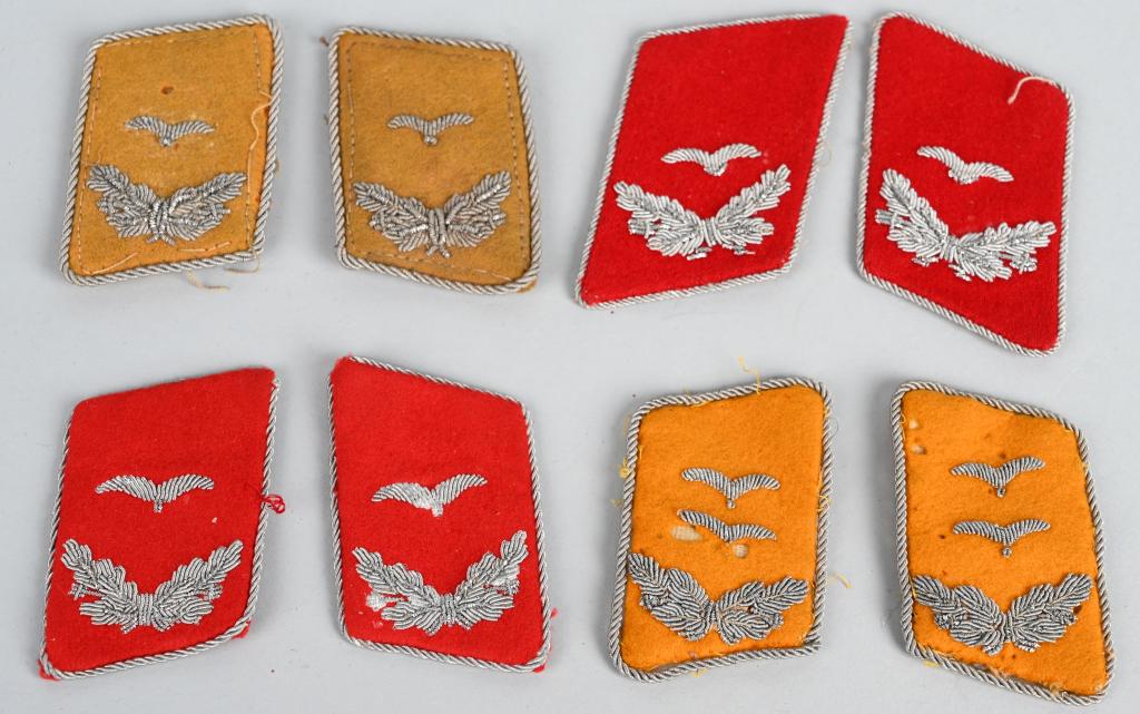 WWII NAZI GERMAN LUFTWAFFE OFFICER COLLAR TABS LOT: WWII Nazi German lot of 4 Luftwaffe German Officer's Collar Tabs including 1) FLAK ARTILLERY LEUTNANT'S COLLAR TABS. Bright red wool construction collar tabs with a single, hand embroidered, rank "gul