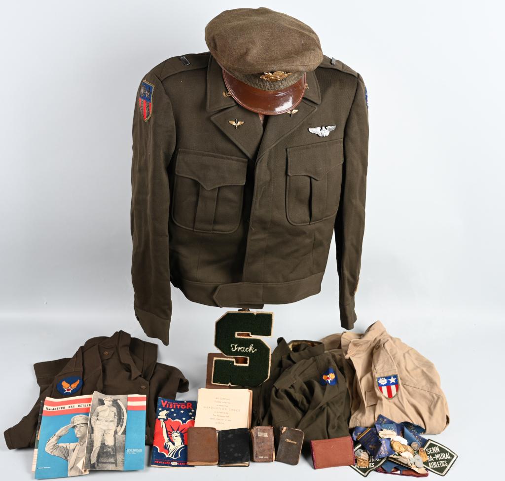 WWII US ARMY 5th AIR FORCE BOMBARDIER UNIFORM LOT: WWII US Army Air Corps uniform grouping identified to Bombardier Lt. Marvin Litt of the 5th Air Force. Grouping consist of his chocolate crusher hat made by Feldman De Luxe cap that is a size 7 1/8. H