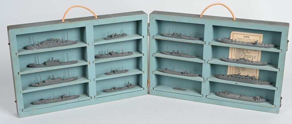WWII US NAVY MERCHANT MARINE SHIP MODELS SET CASED: WWII US Air Force marked case Restricted Miniature Metal Models of Merchant Marine Ships S/N/ 5300 - 717798-6 2/45 Made by So. Salem Studios So. Salem N.Y. 1) PASSENGER-New (Two Stacks) 2) PASSENGER-N