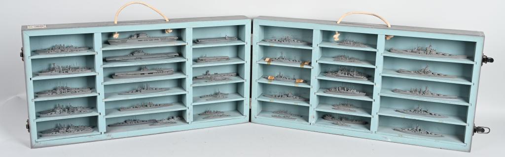 WW2 LARGE US NAVY 48 SHIP MODEL IDENTIFICATION SET: WWII US Navy Metal Ship Models including 1) USS Iowa Battleship 2) USS South Dakota Battleship 3) USS North Carolina Battleship 4) USS Pennsylvania Battleship 5) USS Nevada Battleship 6) USS Benson De