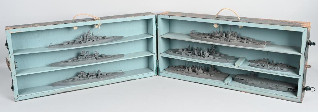 WWII US NAVY SHIP ID MODELS LARGE SCALE: WWII US Navy Metal Ship Models on a large format including 1) USS Tennessee Battleship 2) USS New Mexico Battleship 3) USS Colorado Battleship 4) USS Cleveland Light Cruiser 5) USS Baltimore Heavy Cru
