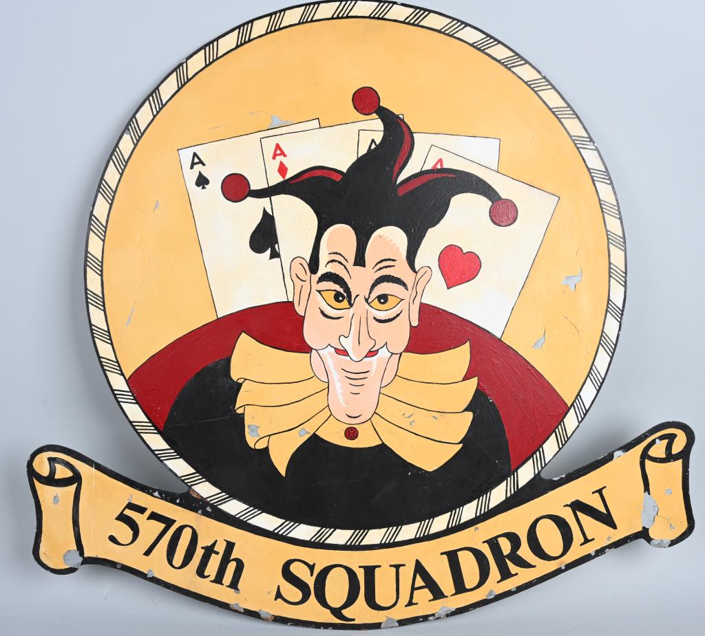 WWII US AIR CORPS 570th SQUADRON METAL SIGN WW2: WWII era 570th Squadron ready room metal sign measuring 34 X 37 inches and is a one sided sign that would hang in the ready room. The sign is completely hand made and has been touched up as far as the