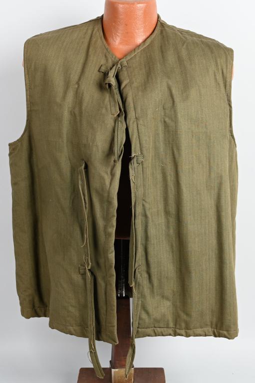 WWII ERA HBT FUR LINED VEST: World War II era OD Green HBT material with 3 tie-strap closure straps at the front, lined with real animal fur. No evident markings or tags. Possibly an Eastern Front item, possibly Russian. World Wa