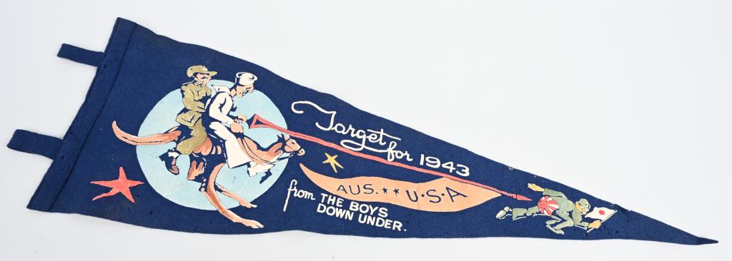 WWII US ANTI AXIS JAPANESE PENNANT TARGET FOR 1943: Attractive Anti Japanese Target for 1943 Australia ** U.S.A. from THE BOYS DOWN UNDER depicting a fleeing Japanese soldier holding a National Flag while having a rising sun on his bum and being used a