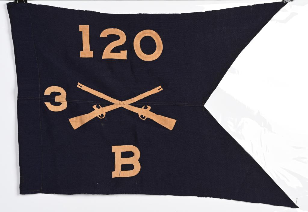 WWII US ARMY 120th REGIMENT 30TH DIVISION GUIDON: WWII US Army 120th Infantry Regiment 30th Division Guidon measuring 28 X 19 being white linen letters on a blue wool background with minor wear to the white letters. Excellent. World War II As a resul
