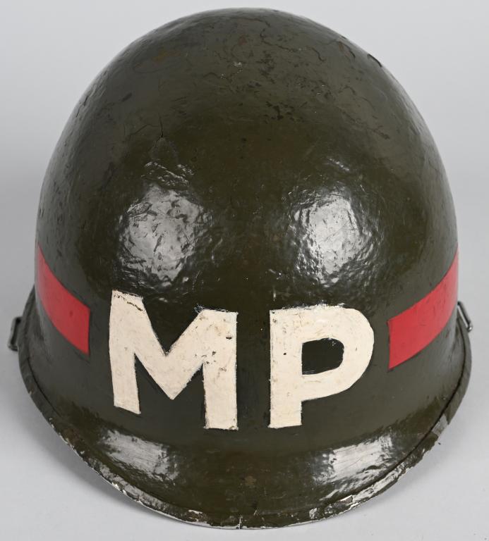 KOREAN WAR 24TH DIVISION MP PAINTED M-1 HELMET: Korean War 24th Infantry Division painted MP Military Police Swivel M-1 Combat Helmet. Helmet is missing the straps but otherwise is in excellent condition. Liner is manufactured by CAPAC with all of 