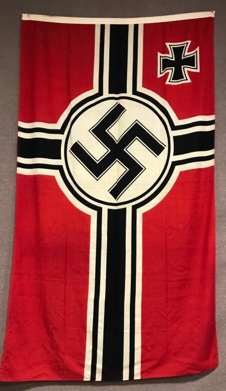 WWII NAZI GERMAN KRIEGSMARINE FLAG 150X250 MINT: Second pattern, (Circa 1937/38-1945), single piece, dual sided, printed cotton/linen construction national war flag. The flag features a red base field with a central white/black/white/black bordered 