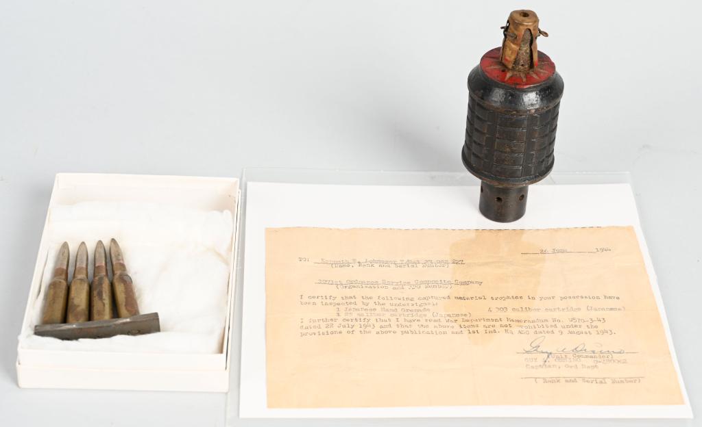 WWII JAPANESE GRENADE WITH BRINGBACK PAPER: WWII Japanese Type 91 Hand Grenade (this style was designed to be fired from the ''knee mortar" or hand thrown) -- Grenade is inert, and has had the fuse, charge, and powder removed! *INERT* Also incl