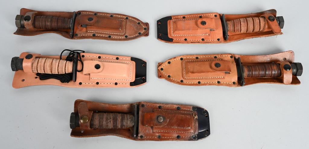 PILOT SURVIVAL KNIFE LOT OF 5 CAMILLUS ONTARIO: Pilots Survival Knife lot of 5 with scabbards. 1) Ontario 05-01 5” Jet Pilot Survival Knife With Scabbard And Sharpening Stone MINT 2) Ontario 05-94 5” Jet Pilot Survival Knife With Scabbard And S