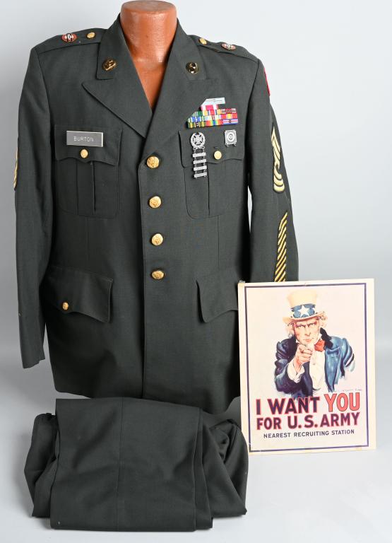 VIETNAM UNCLE SAM RECRUITING POSTER & ARMY UNIFORM: Vietnam war era US Army recruiting poster featuring the iconic Uncle Same saying to potential enlistees, "I WANT YOU FOR US ARMY!" This is an official US Government Printing Office piece, dated June o
